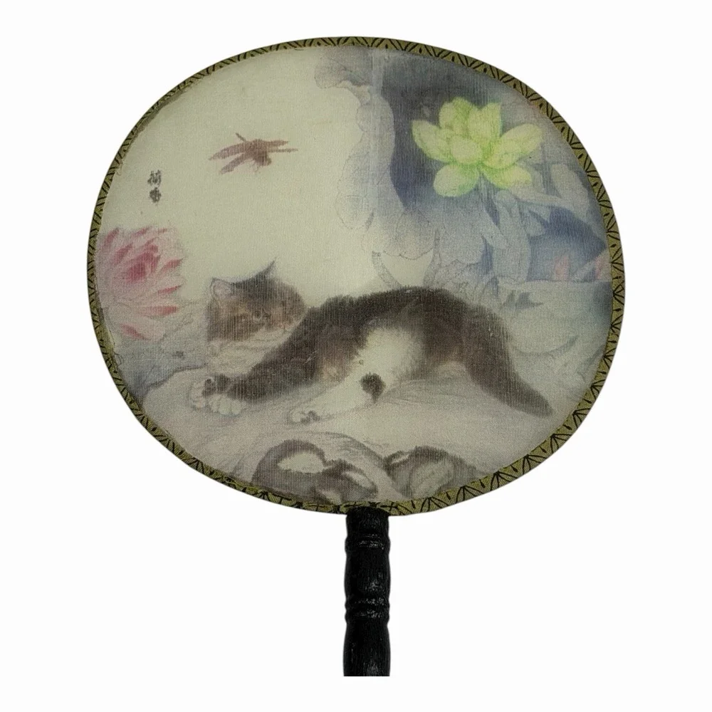 Double Sided Cat Decor Hand Held Painted Fan Chinese Han Ancient Round Fan